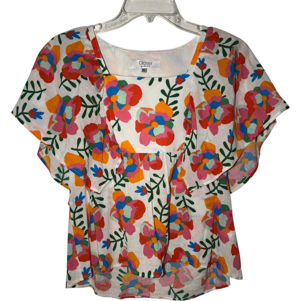 Crosby by Mollie Burch Floral Flutter Sleeve‎ Cotton Blouse Women's XS Boho Top